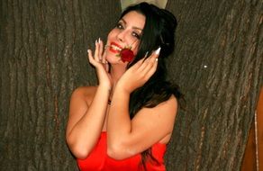 brunette with long hair and red rose in the mouth