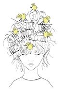 cartoon birds fly in waved girl hair