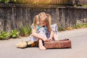 blond child girl teddy bear schoolbag