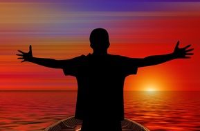 man on a boat on the crimson sunset