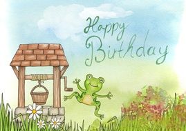 happy birthday card with the image of a ring and a frog