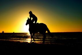 person riding horse sunset scene