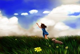 drawing of a girl with dog on the field