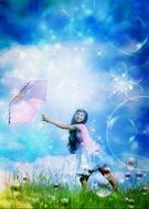 girl with umbrella in colorful fantasy landscape