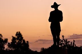 standing man in hat silhouette at evening sky