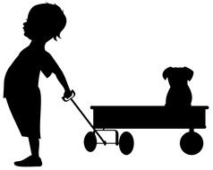 Black silhouette of the boy with wagon and dog at white background