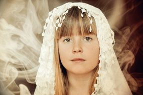blonde girl in smoke in white headwear