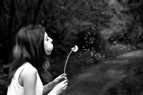 black and white photo of a girl with a dandelion