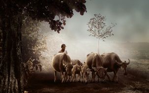 shepherd with buffalo covey in foggy nature