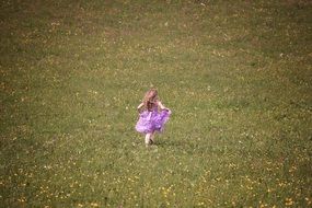 little girl with long hair running in the meadow