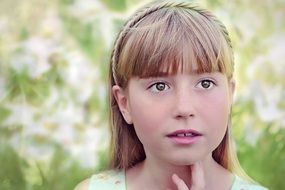 cute girl with forelock close-up on blurred background