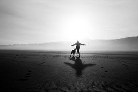 black and white photo of a man with a dog