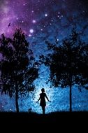 silhouette of a girl near the trees on a background of the starry sky