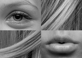 collage of photos of lips, hair and eyes