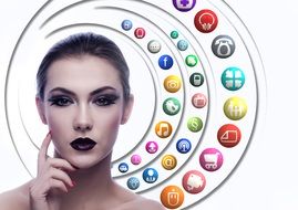 female head on the background of icons