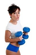 sports girl with blue dumbbells