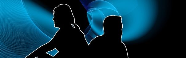 blue banner with silhouettes of man and woman