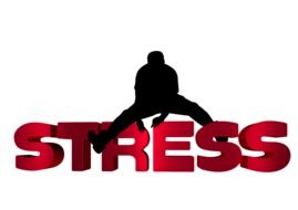 coping with stress, concept, silhouette of man jumping over lettering