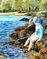 digital painting little boy fishing on the lake