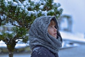 girl in grey warm scarf winter season