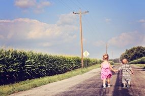 little girl and boy hold hands in the countryside