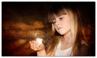 child girl face view long blonde hair magic