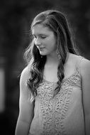 long haired young girl, black and white portrait