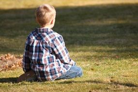 Picture of boy is sitting on a meadow