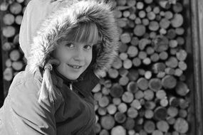 Smiling girl in jacket cold black and white