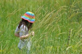 girl in a hat walks through the grass