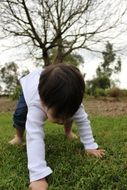baby takes first steps on the grass