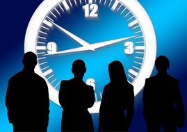 silhouettes of persons on the background of clocks