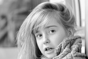 Amazed girl face, black and white view