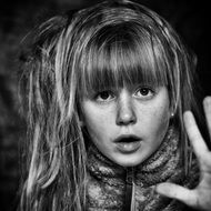 child girl face long hair view monochrome