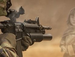 soldier aiming weapon to child girl, drawing