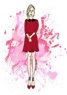 computer image of a girl in a red dress on a pink background