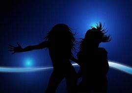 black silhouette of girls blue background disco