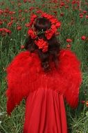 Girl is standing on the poppy field