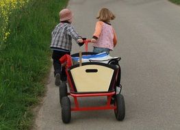 children pull a stroller