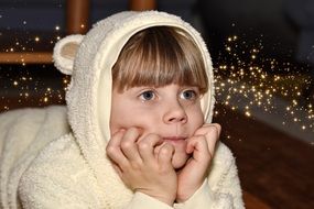 Thinking Girl bear suit face view