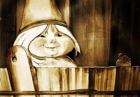 gnome in the bath, vintage drawing