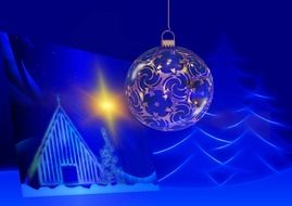 Christmas ball on a background of a ornament with a picture christmas tree