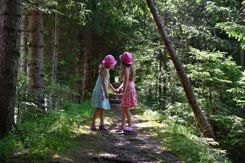 Girls on a path among the forest