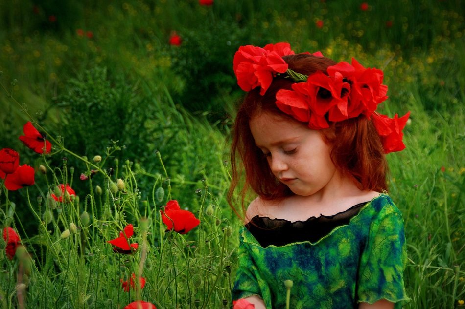 red-haired baby girl on the background of the poppies meadow