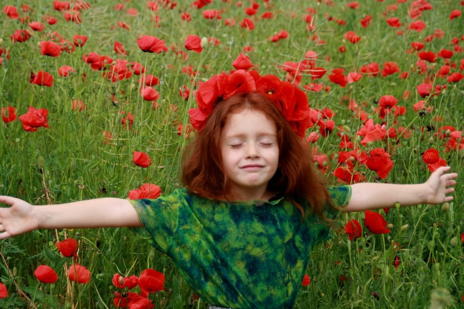 fantasy of girl with red hair on a background of poppies field