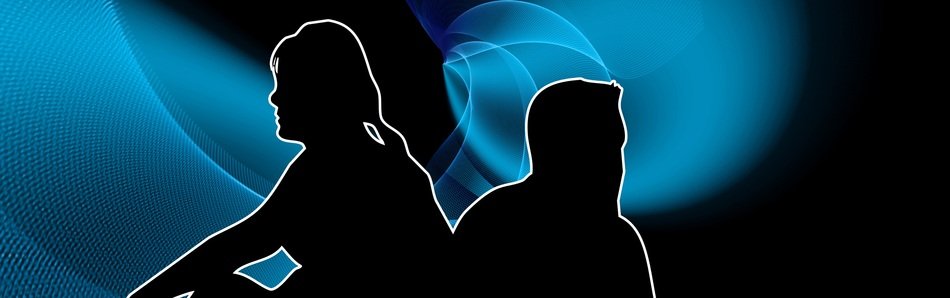 blue banner with silhouettes of man and woman