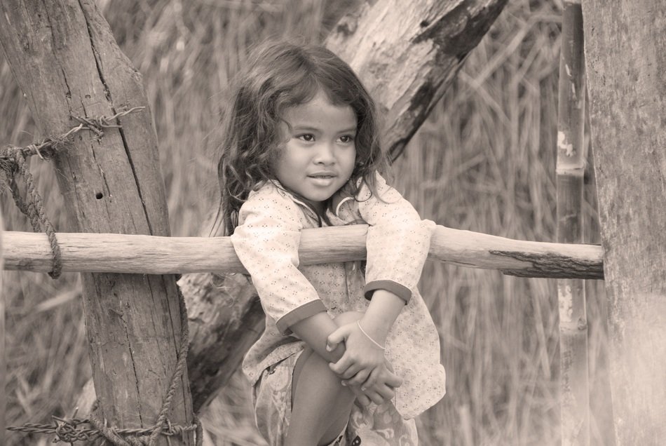 Grey portrait of girl in Cambodia