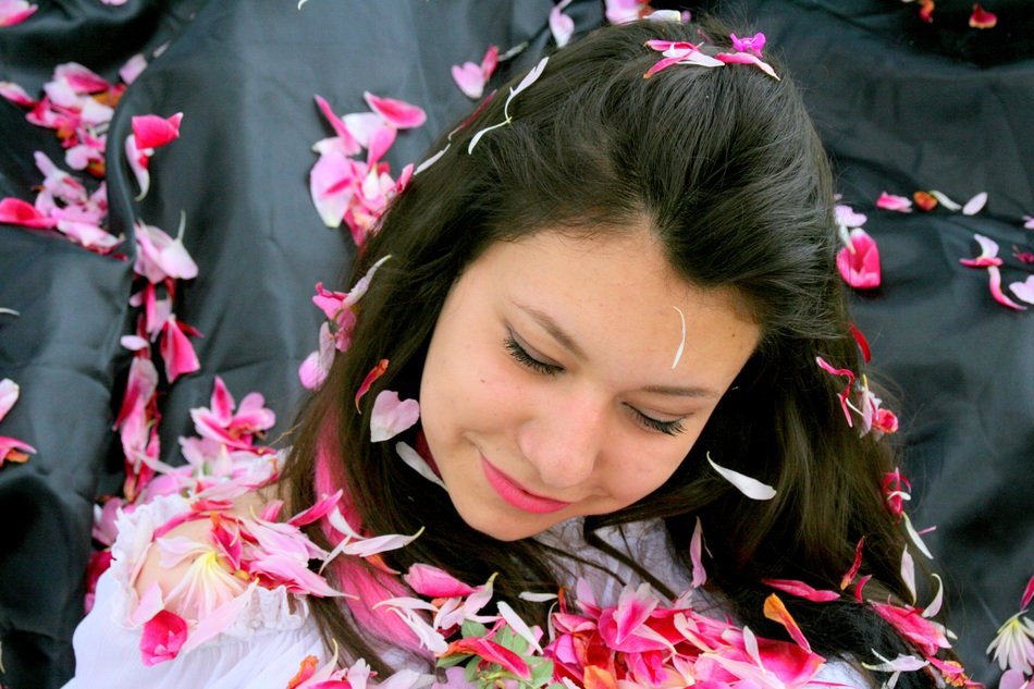beauty girls strewn with pink petals