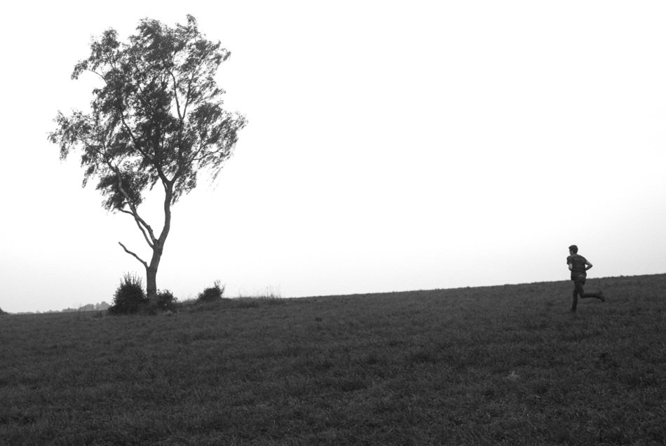 black-and-white picture of a running man on the background of a landscape with a tree