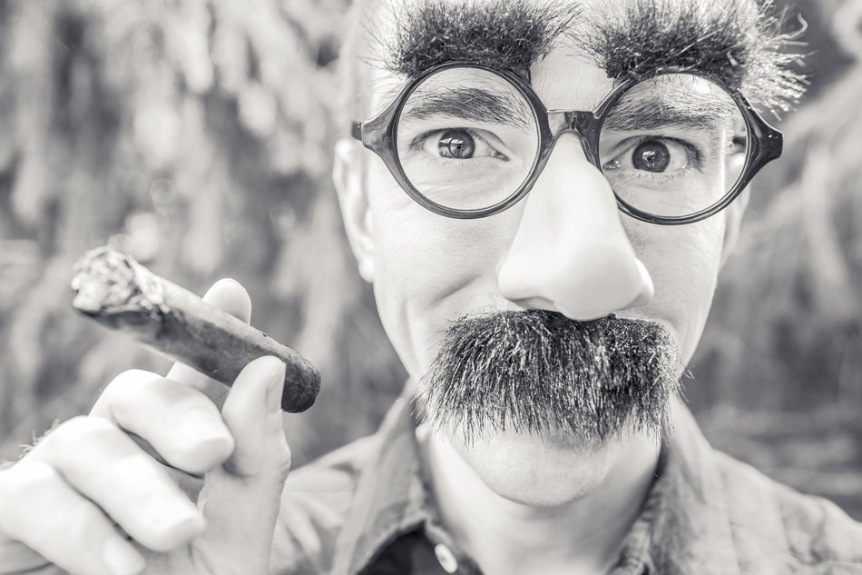 monochrome picture of funny false moustache and eyebrows on a man's face